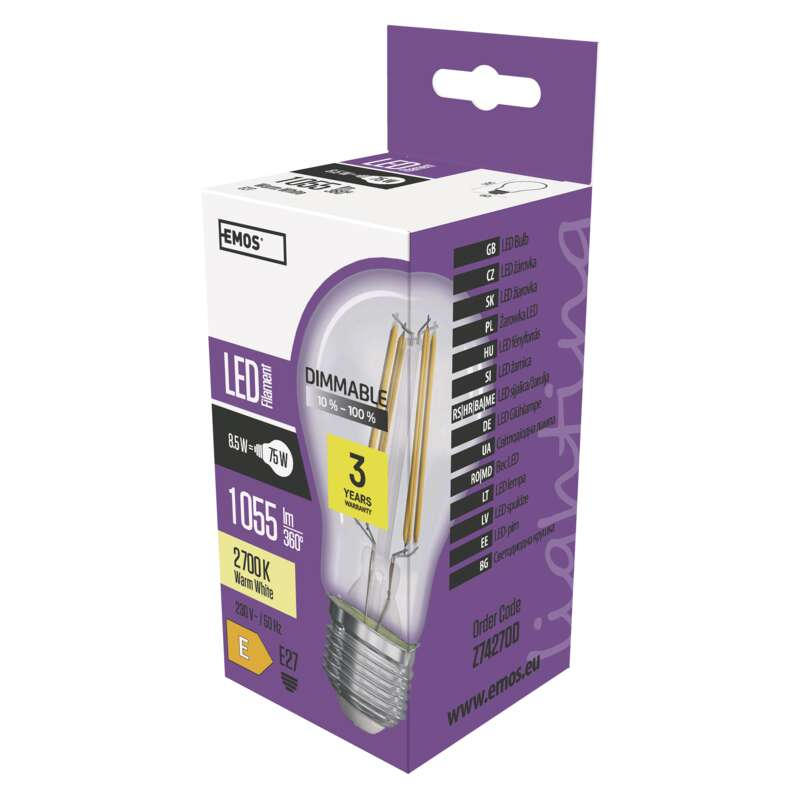 EMOS LED Filament izzó dimmelhető A60 E27 8.5W 1055lm meleg fehér