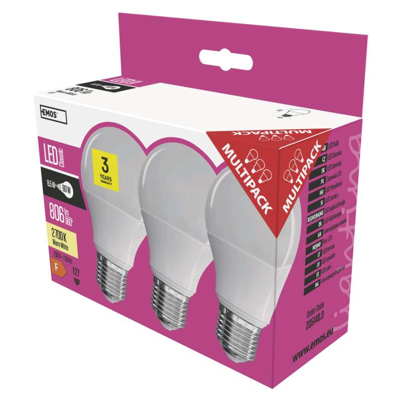 EMOS LED izzó 3db A60 E27 9W 806lm meleg fehér