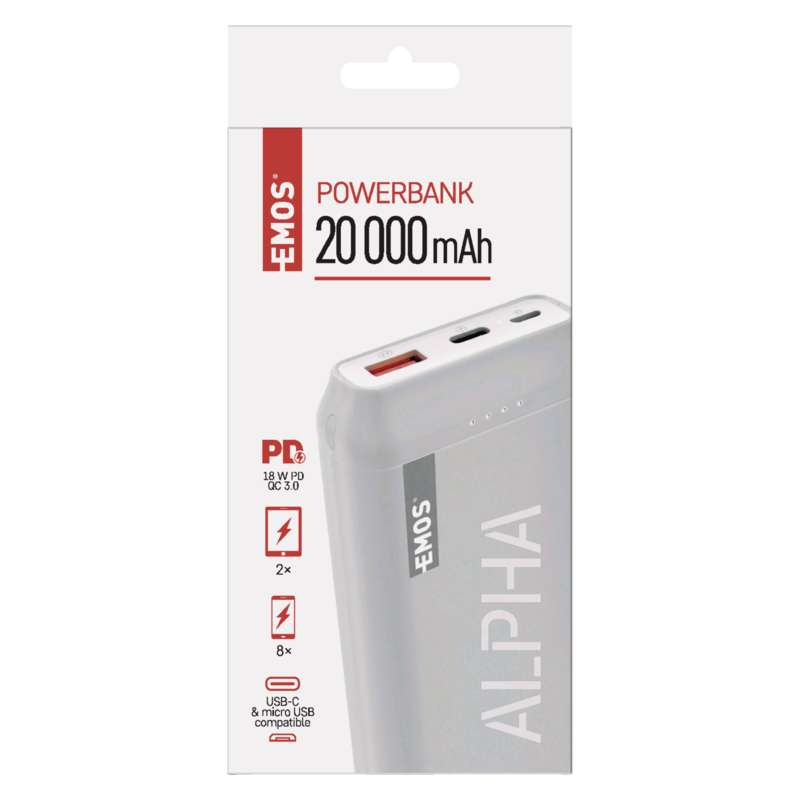 EMOS powerbank 20.000mAh fehér + Duo micro-typeC kábel