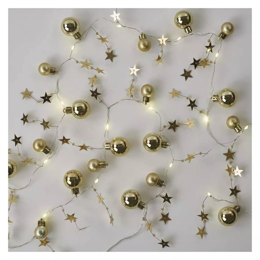 LED karácsonyi fényfüzér – arany gömb csillagokkal, 1,9m, 2xAA, beltéri, meleg fehér, idő.