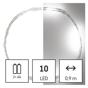 LED karácsonyi nano fényfüzér, ezüst, 0,9 m, 2x AA, beltéri, hideg fehér, időzítő