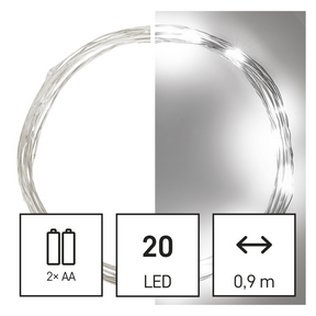 LED karácsonyi nano fényfüzér, 1,9 m, 2x AA, beltéri, hideg fehér, időzítő