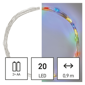 LED karácsonyi nano fényfüzér, 1,9 m, 2x AA, beltéri, többszínű, időzítő