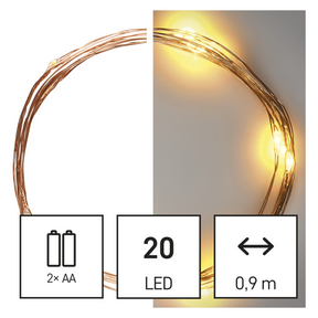 LED karácsonyi nano fényfüzér, 1,9 m, 2x AA, beltéri, meleg fehér, időzítő