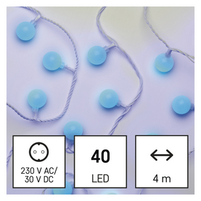 LED fényfüzér, cseresznye – golyók 2,5 cm, 4 m, kültéri és beltéri, kék, időzítő