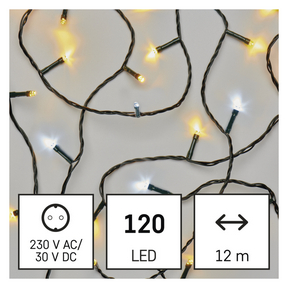 LED karácsonyi fényfüzér, villogó, 12 m, kültéri és beltéri, meleg/hideg fehér, időzítő