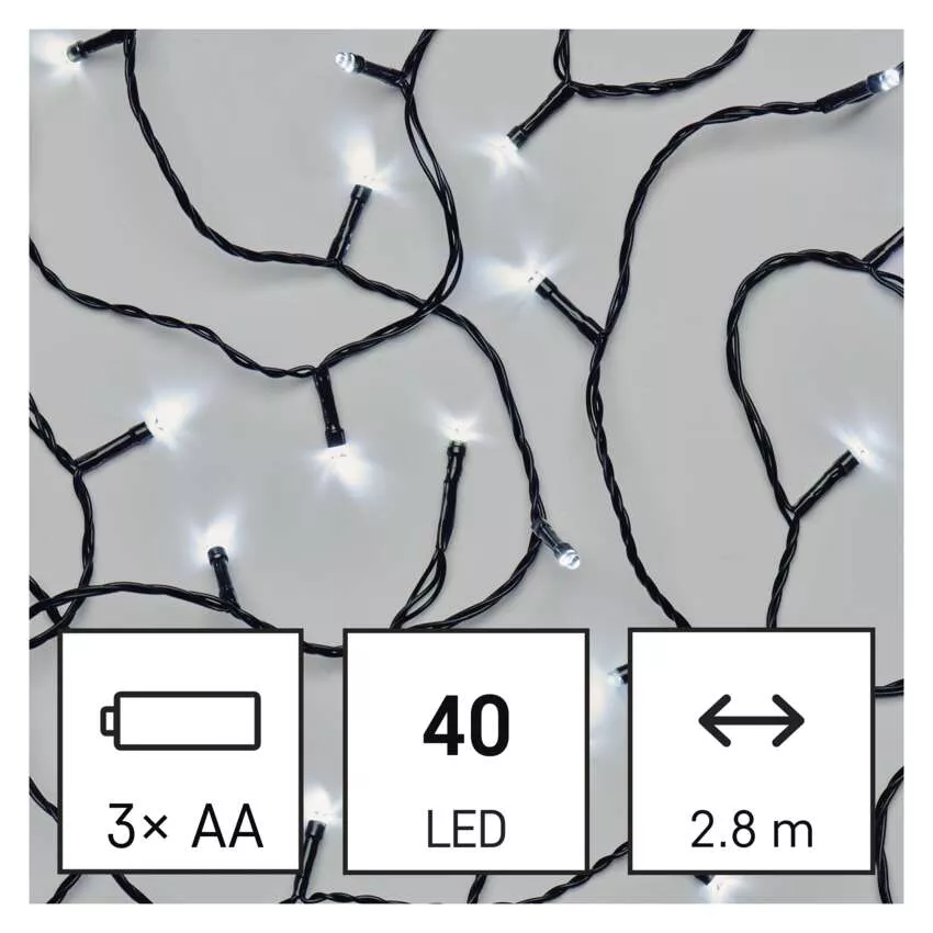 LED karácsonyi fényfüzér, 2,8 m, 3x AA, kültéri és beltéri, hideg fehér, időzítő