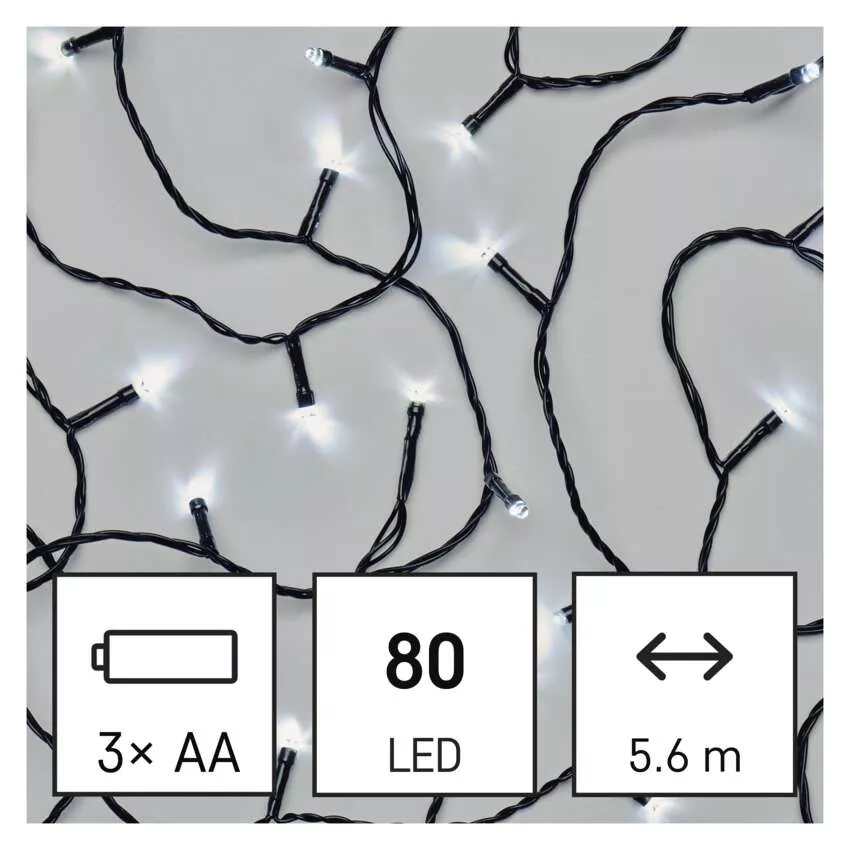 LED karácsonyi fényfüzér, 5,6 m, 3x AA, kültéri és beltéri, hideg fehér, időzítő