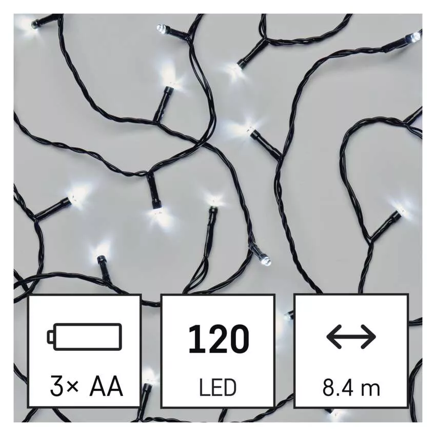 LED karácsonyi fényfüzér, 8,4 m, 3x AA, kültéri és beltéri, hideg fehér, időzítő