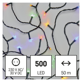 LED karácsonyi fényfüzér, 50 m, kültéri és beltéri, többszínű, időzítő