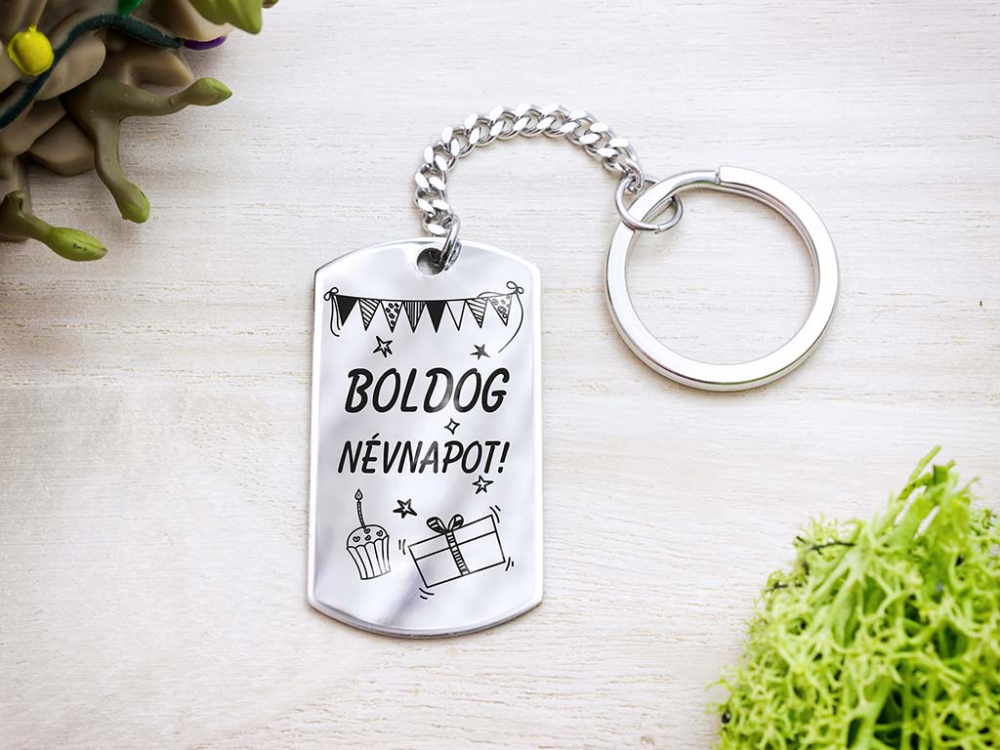 Boldog névnapot acél medálos kulcstartó