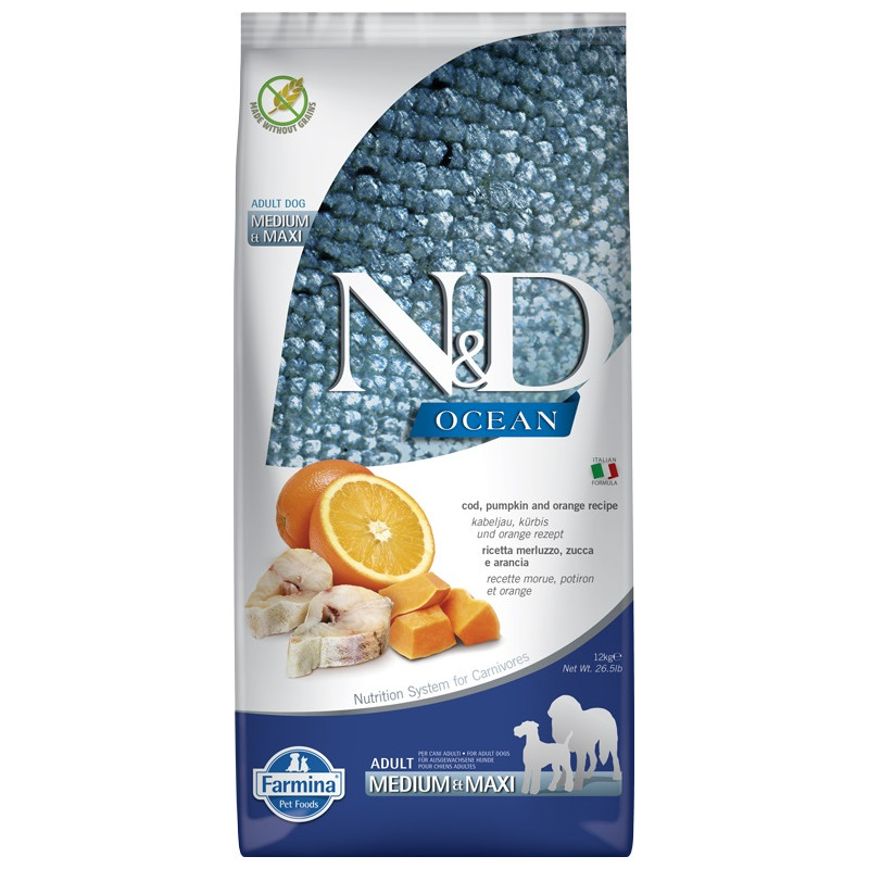 N&D Dog Ocean tőkehal, sütőtök&narancs adult medium/maxi 12kg