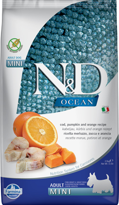 N&D Dog Ocean tőkehal, sütőtök&narancs adult mini 2,5kg