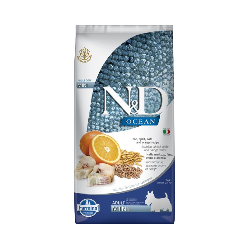 N&D Dog Ocean tőkehal, tönköly, zab&narancs adult mini 7kg