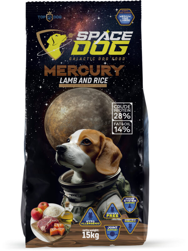 Space Dog Mercury Hypoallergén Puppy-Junior Bárány Rizs kutyatáp 15 kg_5999577230048