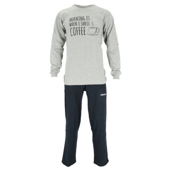 Dressa Home Coffee mintás feliratos hosszú ujjú férfi pamut pizsama - melírszürke-dc101529-4_magnastore