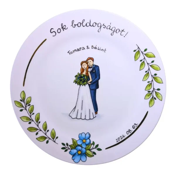 Virágos esküvői emléktányér tetszőleges szöveggel és színnel